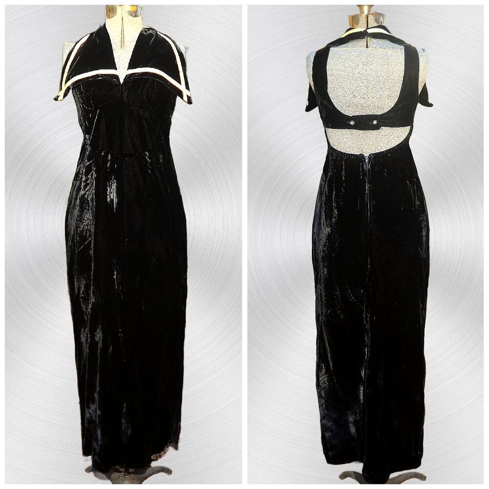 VTG 60s Black Velvet Maxi Dress ILGWU Sailor Collar Cut-Out Back Empire Waist XS